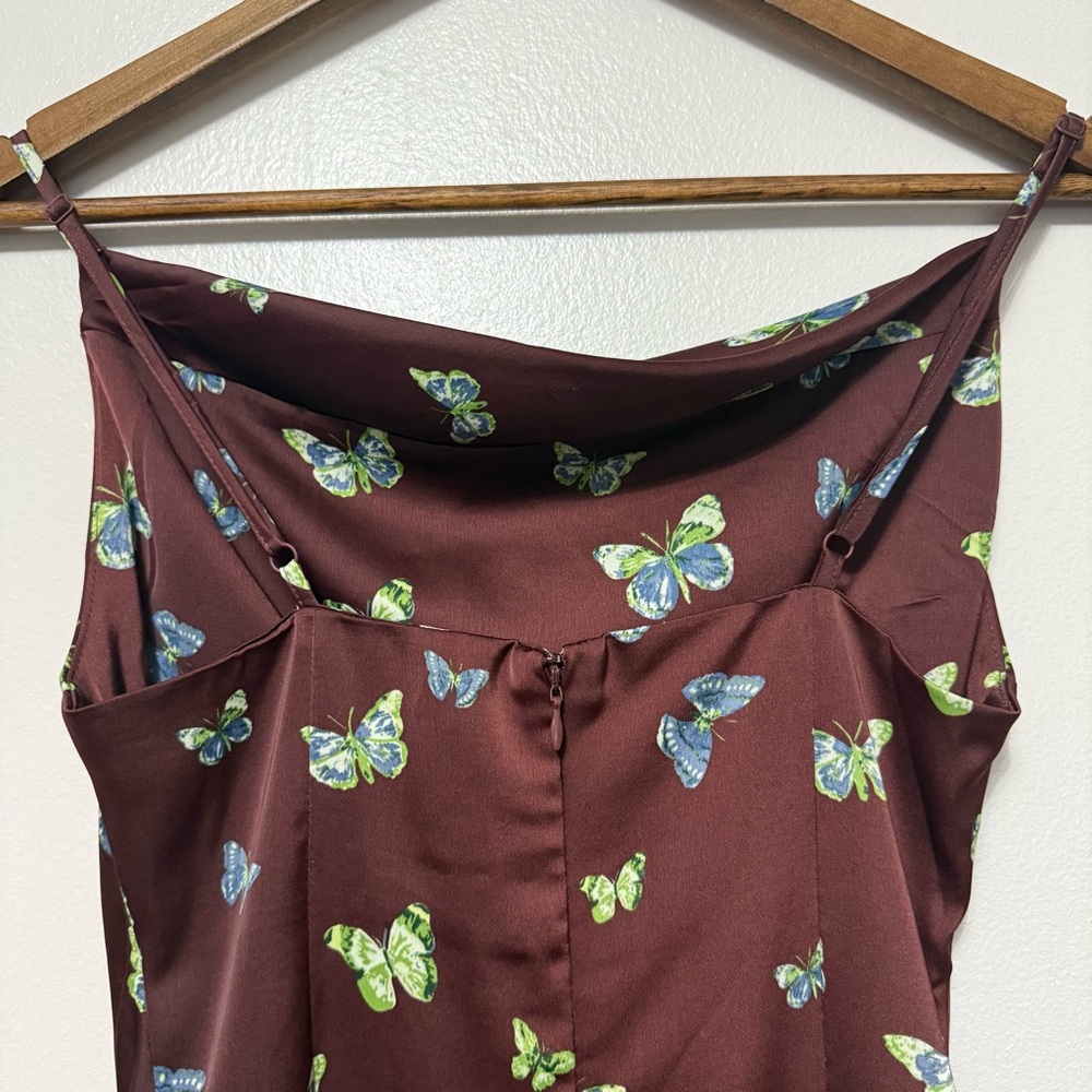 Urban Outfitters Mallory Butterfly Satin Cowl Neck Dress Size S Fairy Brown Y2K - Picture 3 of 10